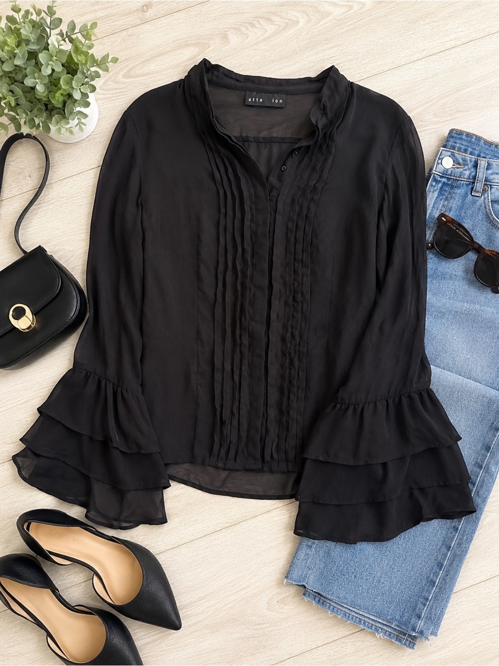 Attention Black Sheer Ruffle Sleeve Blouse Size Small Pleated Front Career Chic